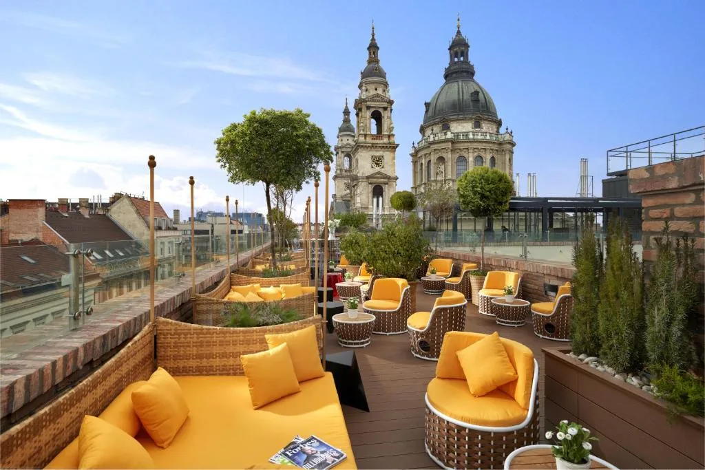 Rooftop terrace overlooking St Stephen’s Basilica in Budapest