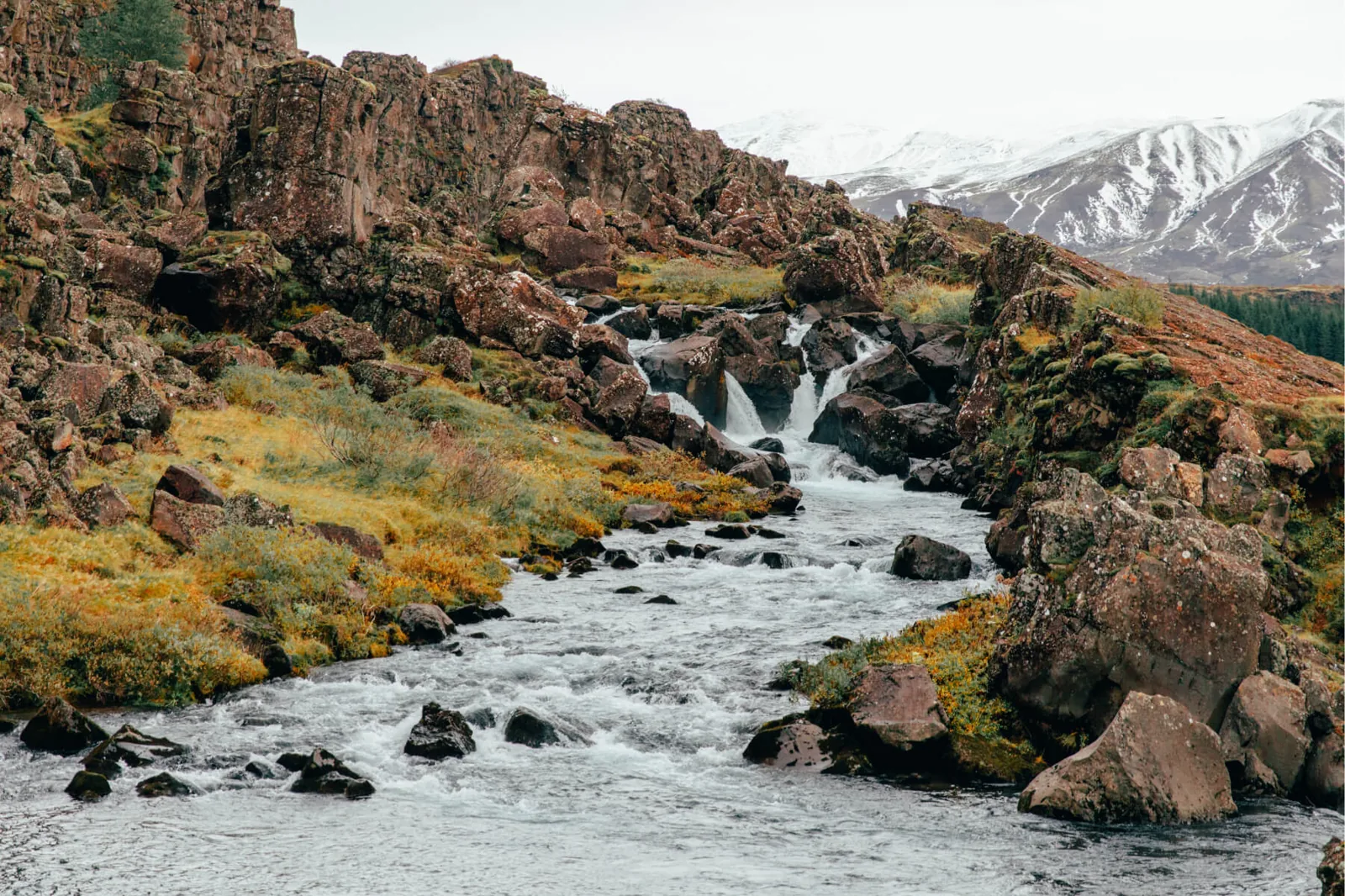 River flowing through a rocky Icelandic landscape beneath snow-covered mountains